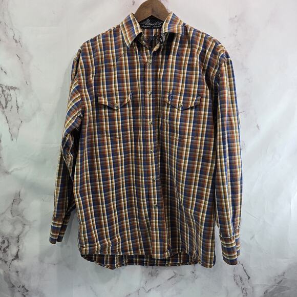Wrangler Shirt Mens Large Orange Pearl Snap Plaid George Strait Long Sleeve - Picture 1 of 13